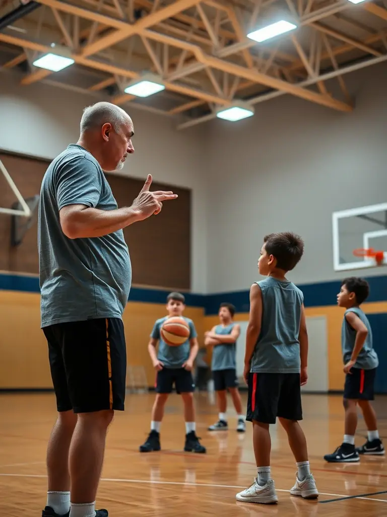 A group of students enthusiastically participating in a basketball drill, showcasing teamwork and skill development under the guidance of a coach at Dynamic Club.