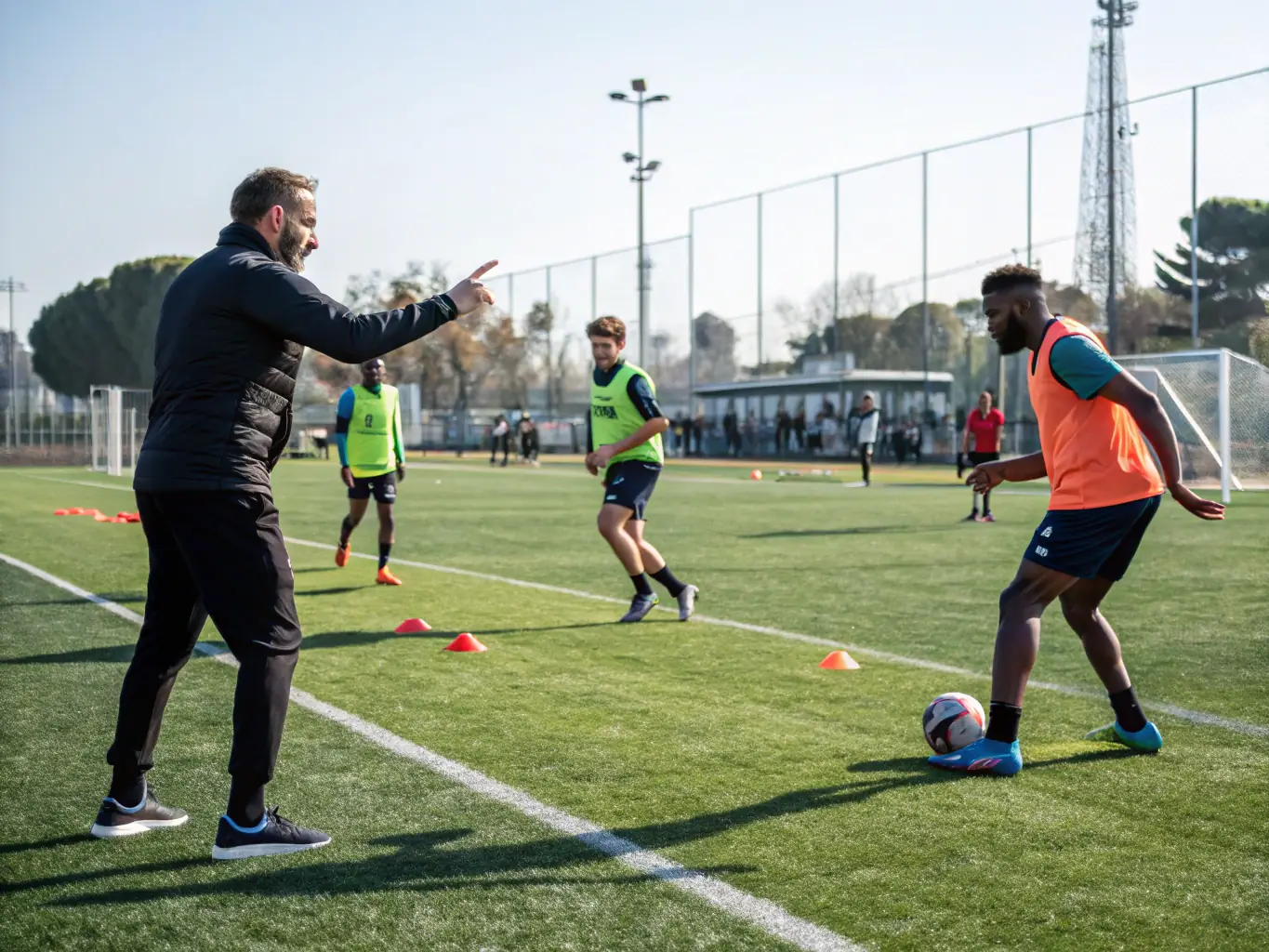 An image of students participating in a sports training session on a well-maintained field, showcasing active engagement and teamwork.