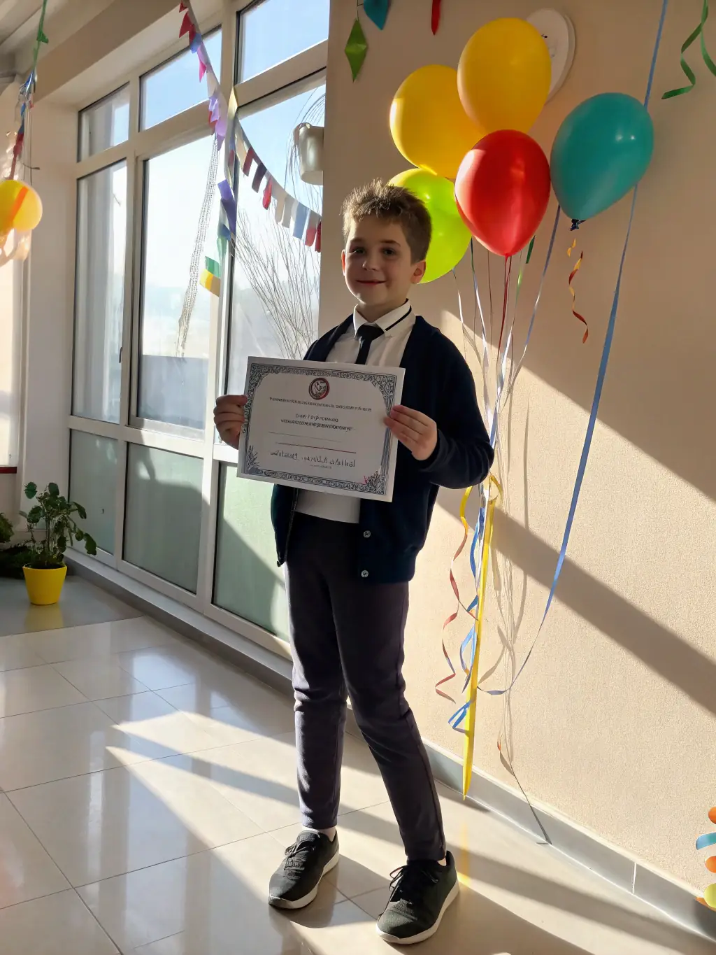 A student proudly displaying a certificate of achievement after completing a sports training program, symbolizing the personal growth and accomplishment at Dynamic Club.